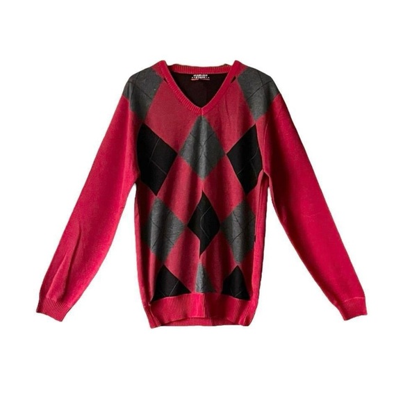 Vintage, dark, red and diamond Argyle academia, preppy sweater, size large - Picture 1 of 3